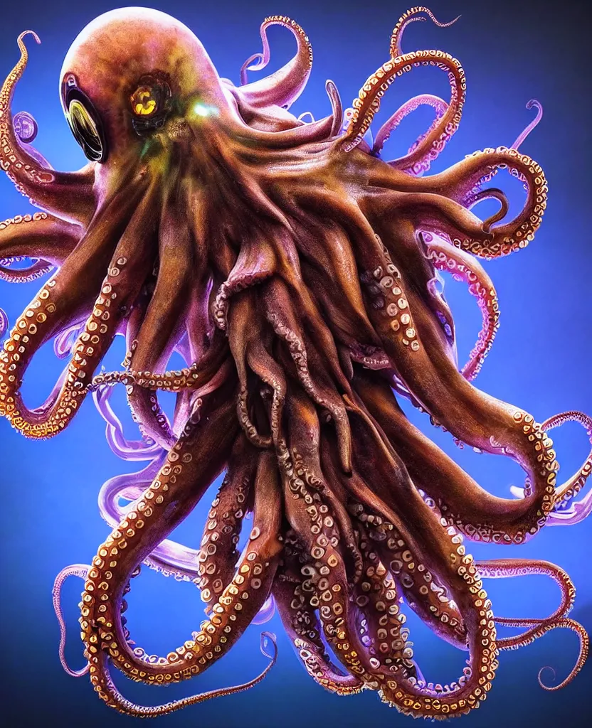 Prompt: close-up portrait of an octopus in a twisted flowers octopus mask in a spaceman suit surrounded by energy flow, epic angle and pose, symmetrical artwork, 3d with depth of field, blurred background, floating octopus skull phoenix bird, translucent, nautilus, energy flows of water and fire. a highly detailed epic cinematic concept art CG render. made in Maya, Blender and Photoshop, octane render, excellent composition, cinematic dystopian brutalist atmosphere, dynamic dramatic cinematic lighting, aesthetic, very inspirational, arthouse. y Greg Rutkowski, Ilya Kuvshinov, WLOP, Stanley Artger Lau, Ruan Jia and Fenghua Zhong