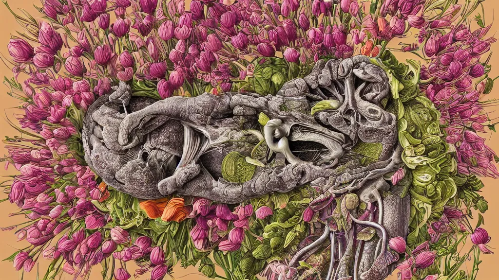 Image similar to highly detailed illustration of a human anatomy body exploded by all the known species of flowers by oliver vernon