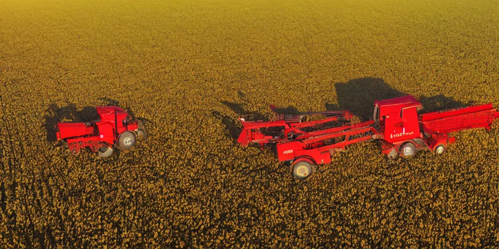 Image similar to Aerial view of red harvester harvesting ripe corn field, wide angle photo, photo realistic image, 4K, golden hour look