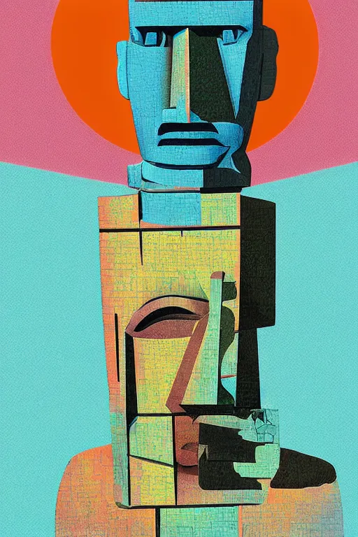 Image similar to cubist moai statue cutout digital illustration cartoon colorful beeple