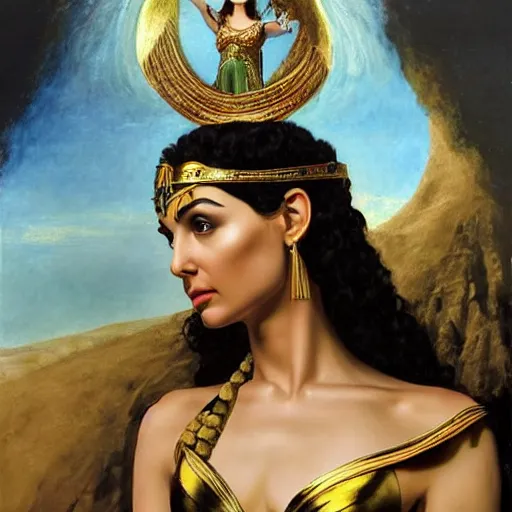 Prompt: Full body oil painting of the beautiful goddess Gal Gadot as Cleopatra, she is wearing a strophion and a surreal ornate, her hair is natural disheveled, she is approaching heaven over the clouds, naturalism, dramatic lighting, high-detailed oil painting by Ilya Repin, Michelangelo da Caravaggio, William Blake, Alex Grey and Beksinski, trending on Artsation, hystorical painting, naturalism, masterpiece, 4k, 8k,