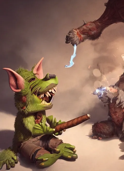 Image similar to pathfinder 2 e illustration of furry goblin smoking a cigar, unreal engine, hyper realism, realistic shading, cinematic composition, realistic render, octane render, detailed textures, photorealistic, wide shot