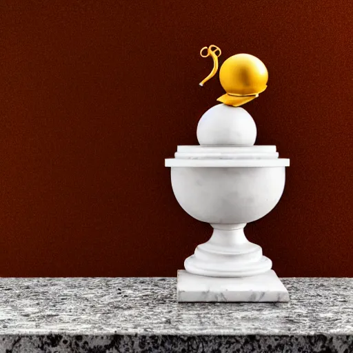 Image similar to golden snail award trophy on top of a marble pillar, white background, soft lighting