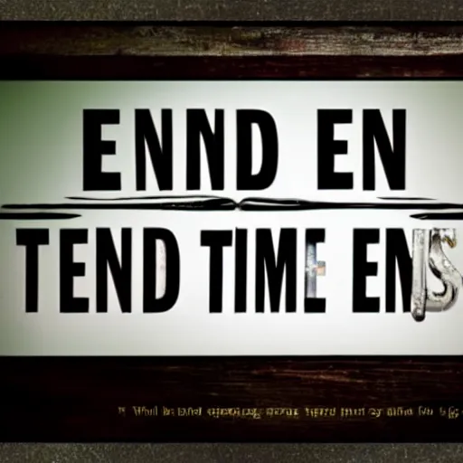 Prompt: 'END TIMES' sign that reads: END TIMES text large print readable