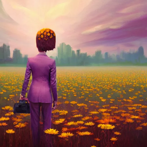 Image similar to giant daisy flower head, frontal, a girl in a suit, surreal photography, sunrise, dramatic light, impressionist painting, digital painting, artstation, simon stalenhag