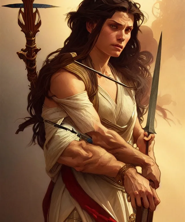 Prompt: portrait of biblical cain holding a lance, intricate, headshot, highly detailed, digital painting, artstation, concept art, sharp focus, cinematic lighting, illustration, art by artgerm and greg rutkowski, alphonse mucha, cgsociety