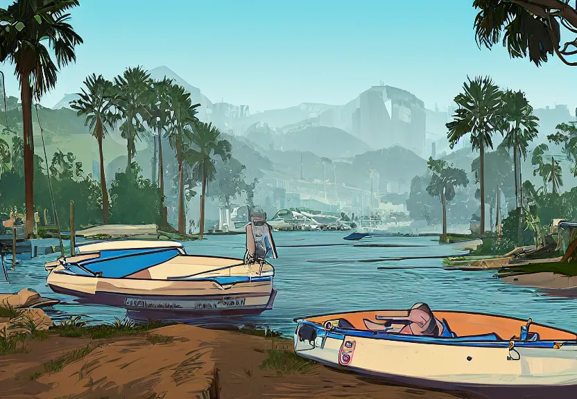 Image similar to A Grand Theft Auto styled illustration, extremely detailed featuring a river in Europe, surrounded by trees and fields. A dinghy is slowly moving through the water. Sun is shining.
