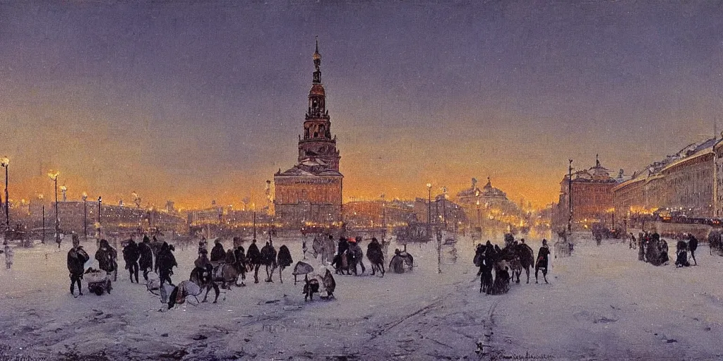 Prompt: Saint Petersburg in 1914 in winter, evening, Rozalski