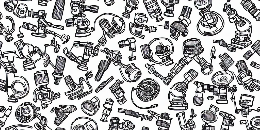 Image similar to seamless pattern showing microscopes. black and white, drawing, white background, seamless, ornament.