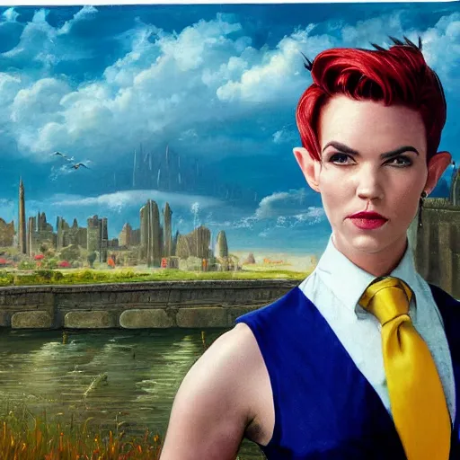 Prompt: portrait of Ruby Rose with messy spiked auburn hair and elf ears and dressed in a blue men's suit with a yellow tie, standing on a stone bridge with a fantasy city of tall stone towers in the background, oil painting by Alex Ross