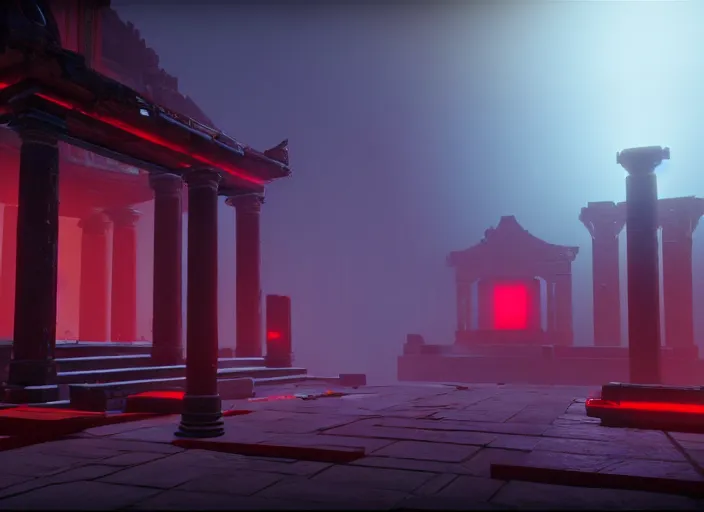 Image similar to ancient temple of worship with red shafts of light in destiny 2, foggy, liminal, dark, dystopian, beautiful architecture, abandoned, highly detailed 4 k 6 0 fps in - game destiny 2 gameplay screenshot leak