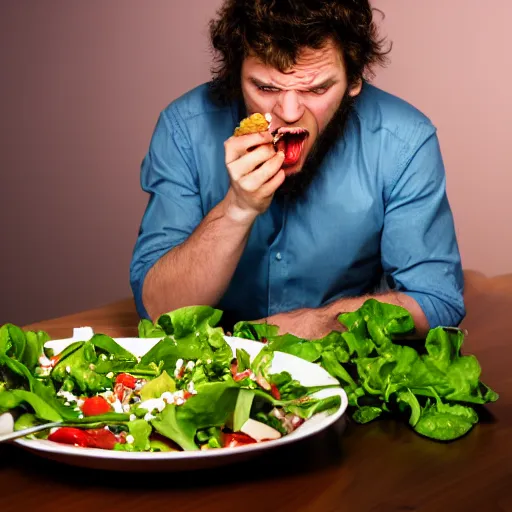 Prompt: man angrily eating salad, studio photography