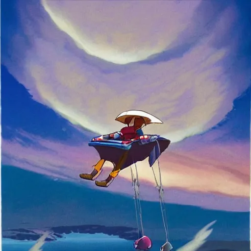 Image similar to A girl ride a glider over the clowds in Nausicaa of the Valley of the Wind, Miyazaki Hayao, ghibli style