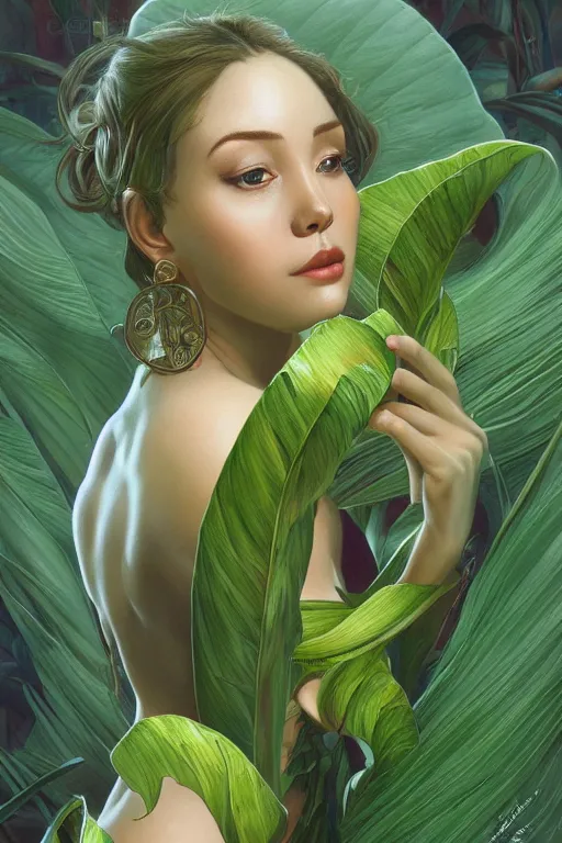 Image similar to ultra realistic illustration, cinema 4 d art, banana plants drawing, jade background, elegant, highly detailed, digital painting, concept art, intricate, swirl, smooth, sharp focus, illustration, art by artgerm and greg rutkowski and alphonse mucha