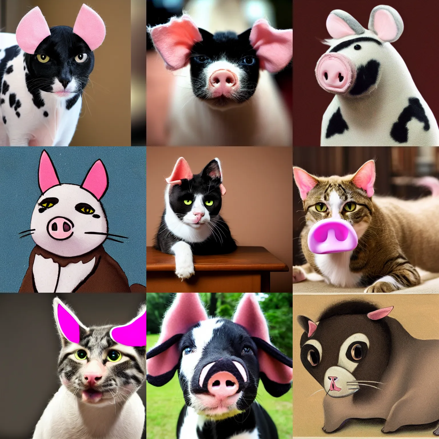 Prompt: a cat with dog ears and pig nose and cow hair