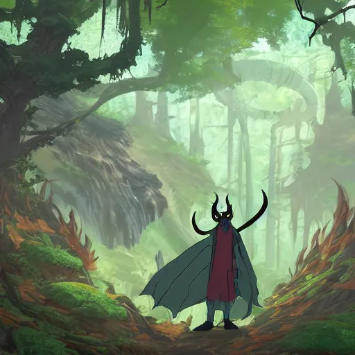 Image similar to concept art painting of an anthropomorphic dragon king with robes, a long dragon neck, and horned skull mask, in a deep forest, anime style, cel shaded, in the style of makoto shinkai and james gurney and studio ghibli and moebius