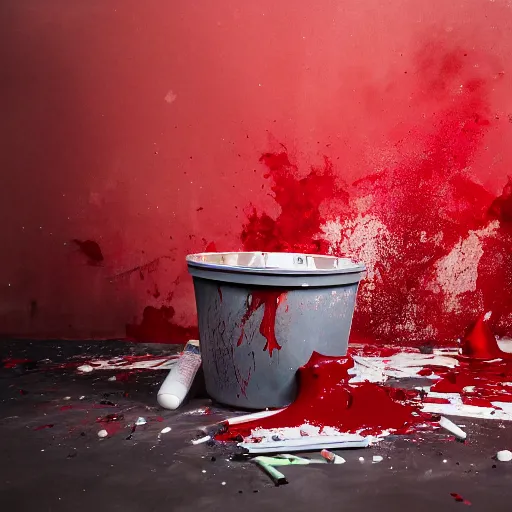 Prompt: a clean studio photography set, there is a bucket of red paint and it has just viciously exploded, there is paint EVERYWHERE