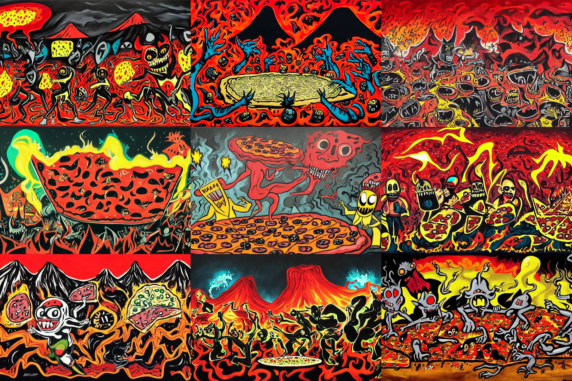 Prompt: masked demons grabbing a large pizza!!!, in the background is a volcano spewing lava and black smoke, streams of glowing hot lava, flashes of lightning in the distance. wide angle, long shot, an ultrafine detailed painting by jackson pollock, deviantart, pop surrealism