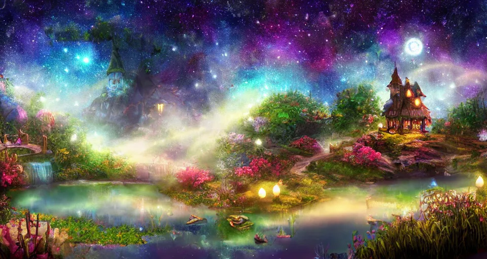 Image similar to a whimsical fairyland with a pond, starry sky, ambient lighting, fantasy art, computer render style art, unreal engine