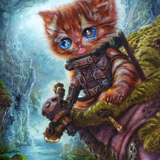 Image similar to rescue from the underworld, shadows of the past, The Mekanik Doll, chubby moss kitten, by jeff easley and Dylan Kowalski, highly detailed, digital painting, HDRI, by vivid colors, high contrast, 8k resolution, intricate, beautiful and thematically complex, smooth