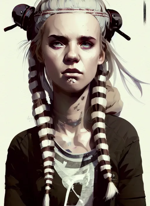 Image similar to highly detailed closeup portrait of a sewer punk swedish female road warrior student, tartan garment, blonde hair pigtails with headband by atey ghailan, by greg rutkowski, by greg tocchini, by james gilleard, by joe fenton, by kaethe butcher, gradient sapphire, black, brown and white color scheme, grunge aesthetic!!! white graffiti tag wall background