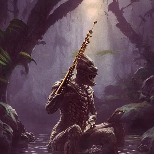 Image similar to UHD photorealistic Creature From The Black Lagoon playing a flute by Greg Rutkowski