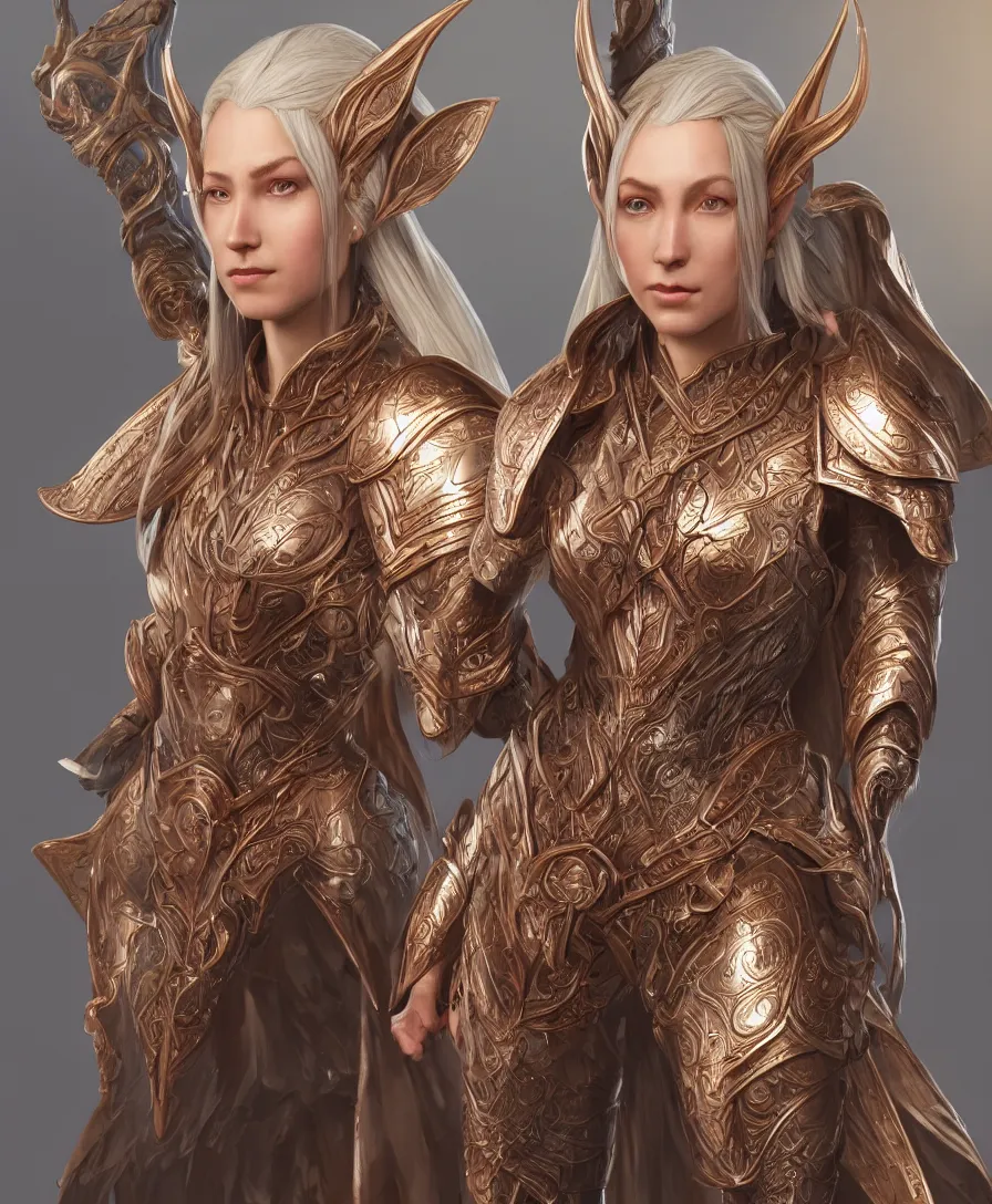 Prompt: a beautiful and highly detailed digital portrait of a dignified female elven paladin with blue hair in rose gold armor by clint cearley and karol bak, centered, artsation contest winner, artstation hd, cgsociety, fantasy art, cryengine, concept art, photorealism, daz 3 d, sketchfab, zbrush, vray