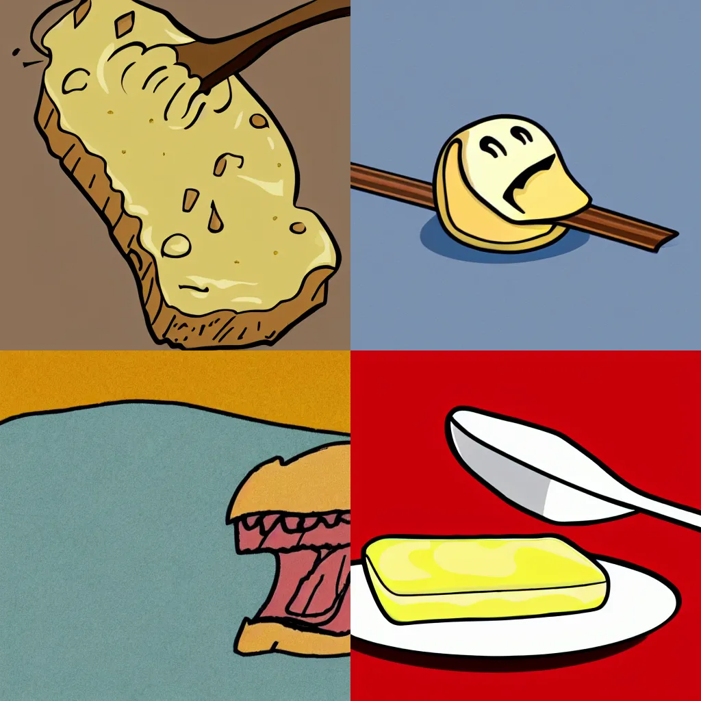 Prompt: cartoon a stick of butter screaming in pain, cell shaded