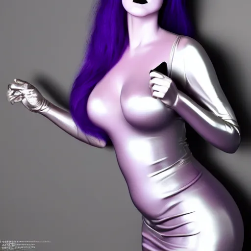 Image similar to portrait of a curvy feminine hot pale goth woman with elegant tight silver nylon latex and silk outfit, thin waist, black lipstick and purple makeup, photorealistic, sublime, 16k, smooth, sharp focus, cgsociety, ArtStation, volumetric lighting