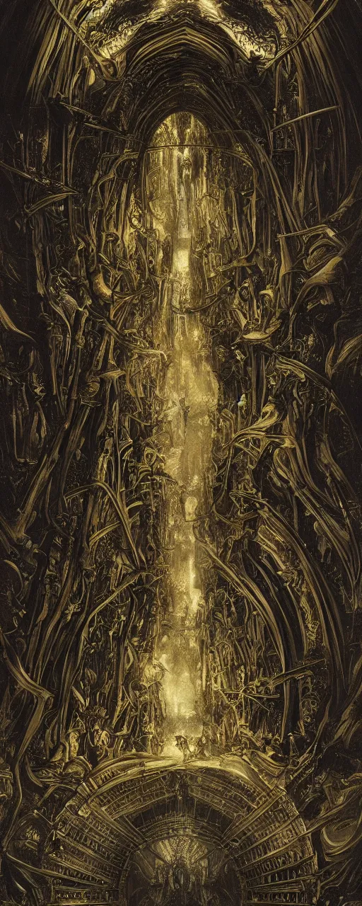 Prompt: medieval explorers inside an enormous alien cavern, enormous shiny black alien architecture, an enormous portal opens to another dimension, translucent, inner illumination, cinematic lighting, volumetric, complementary color, by h. r. giger and gustave dore, by alphonse mucha and roger deakins