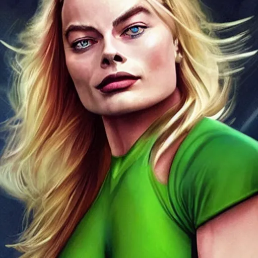 Prompt: Margot Robbie as She Hulk, realistic, detailed photo