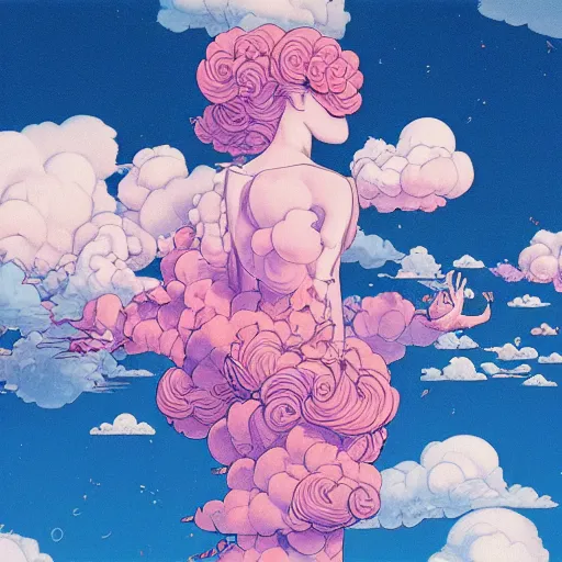 Prompt: crossing through the sky with fluffy pink clouds surrounding it, album art by James Jean