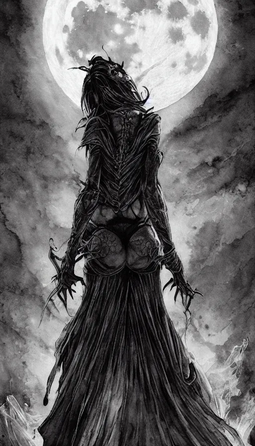 Image similar to book cover art, female dark witch from behind in front of the full big moon, watercolor, dramatic lighting, cinematic, establishing shot, extremely high detail, foto realistic, cinematic lighting, pen and ink, intricate line drawings, by Yoshitaka Amano, Ruan Jia, Kentaro Miura, Artgerm, post processed, concept art, artstation, matte painting, style by eddie mendoza, raphael lacoste, alex ross