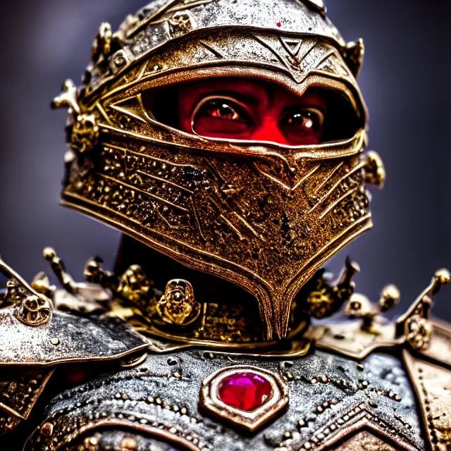 Image similar to photo of a warrior with ruby encrusted armour, highly detailed, 8 k, hdr smooth, sharp focus, high resolution, award - winning photo, dslr, 5 0 mm