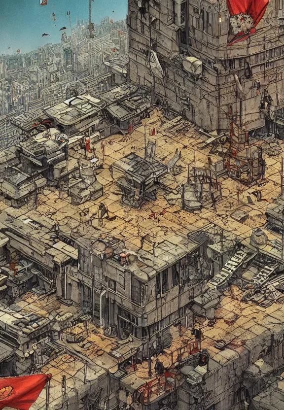 Image similar to [Underground colony with checkered flags, rust and brutalist buildings and little mushrooms. Propaganda poster, intricate, elegant, highly detailed, digital painting, artstation, concept art, matte, sharp focus, illustration, art by Enki Bilal and Moebius]