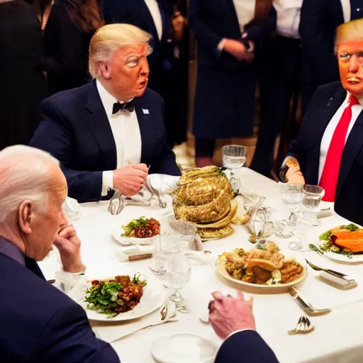 Image similar to Trump and Biden having dinner at a fancy Greek restaurant, award winning cinematic photography, 50 mm, blurred background, trending on Flickr