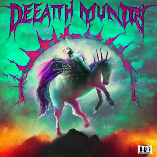 Image similar to death metal album cover featuring fluffy unicorns and cotton candy