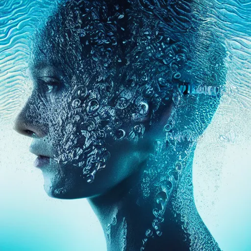 Image similar to water artwork manipulation in the shape of a beautiful female head, on the ocean water, ray tracing, realistic water sharp focus, long shot, 8 k resolution, cinematic, surreal water art