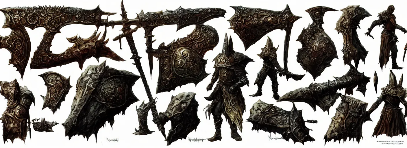 Image similar to reference sheet of unique ancient weapon on white background, fantasy rpg concept art, dark souls, matte painting, close up, very coherent and colorful high contrast masterpiece by norman rockwell, dark shadows, sunny day, hard lighting