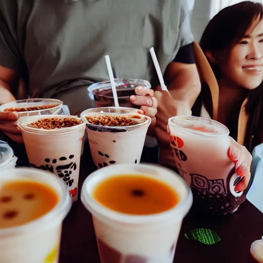 Image similar to photo of a crowd of people drinking boba milk tea staring at the camera, hyperrealistic, 4 k