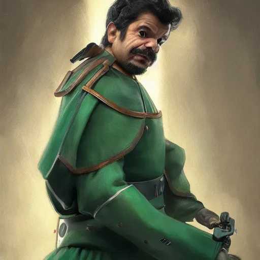 Image similar to hyper realistic, realistic - anime, portrait, beautifully rendered, italian garb the future, star wars, caricature, luis guzman as luigi wearing green, smirking deviously, luigi, luigi's nose, painted by gustave courbet, greg rutkowski, wlop, artgerm, dishonored 2,