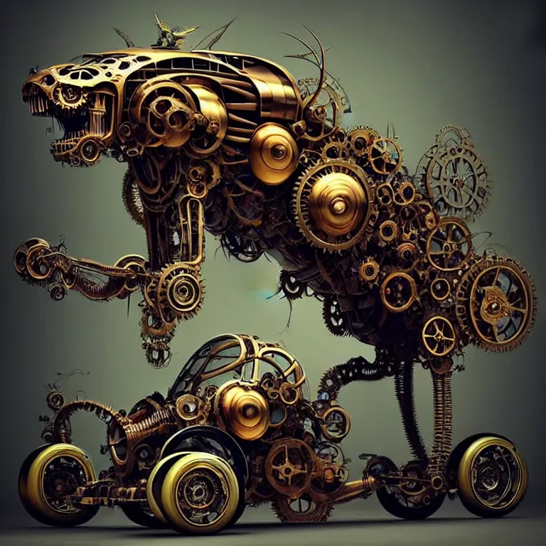 Image similar to biomechanical shiny steampunk vehicle reminiscent of fast sportscar with robotic parts and (glowing) lights parked in ancient lush palace, gothic and baroque, brutalist architecture, ultradetailed, creepy ambiance, fog, artgerm, giger, Intricate by Ellen Jewett and Josan Gonzalez and Giuseppe Arcimboldo