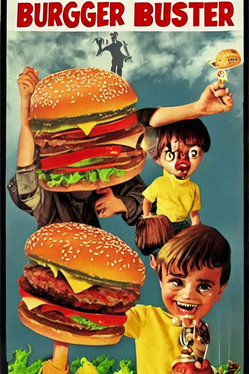 Image similar to burger monster, vintage kids horror movie poster