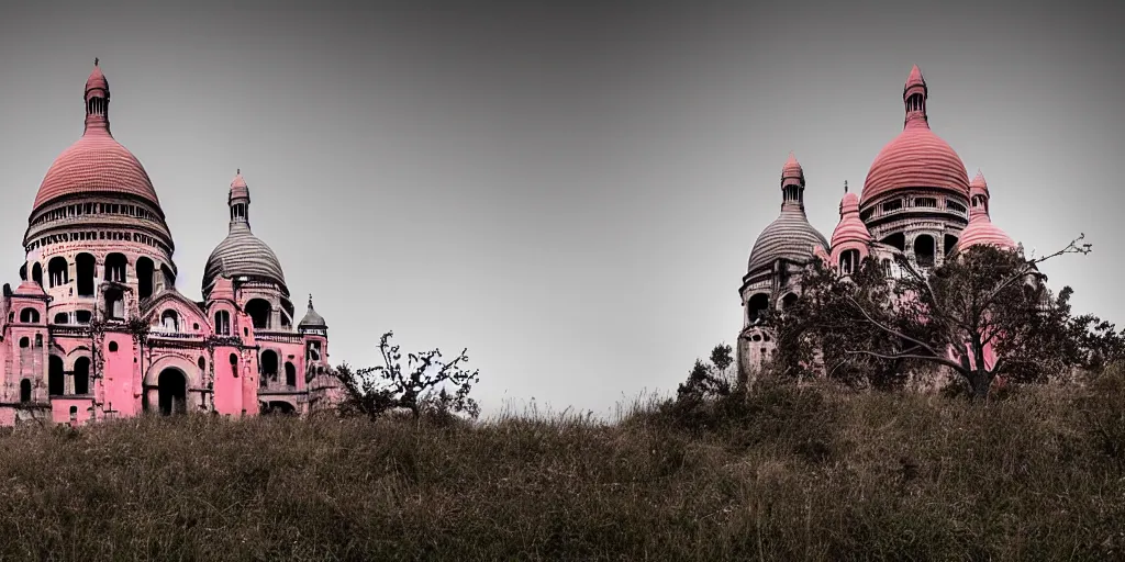 Prompt: abandoned post-apocalyptic Basilica of Sacré Coeur de Montmartre, toxic orange and pink mist rises from the ground and contrasts the white exterior, dark gray skies, stark contrasting lighting, a two-headed mutated deer-like creature looks on in the distance from the sparse twisted silhouetted foliage, a highly detailed colorful matte painting by Zdzislaw Beksinski and Mikko Lagerstedt, featured on Artstation, Unreal Render, 8k HDR