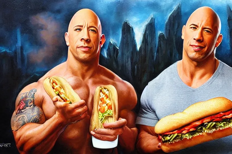 Image similar to portrait of vin diesel and dwayne the rock johnson sharing a footlong sub sandwich, an oil painting by ross tran and thomas kincade