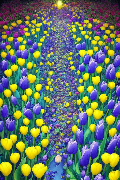 Prompt: beautiful digital matte painting of whimsical garden illustration blue and yellow tulips, night enchanted dark background dark contrast by android jones