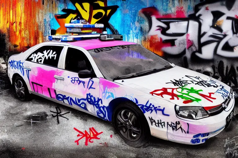 Image similar to a police car covered in graffiti that spells'1 3 1 2'by mia brownell, art by anna hotchkis, antonio saura, very detailed, maximalism, ambient occlusion, volumetric light, atmospheric haze, hyper realism, futuristic but colorful shading, cinematic composition, realistic render, photography, wide shot