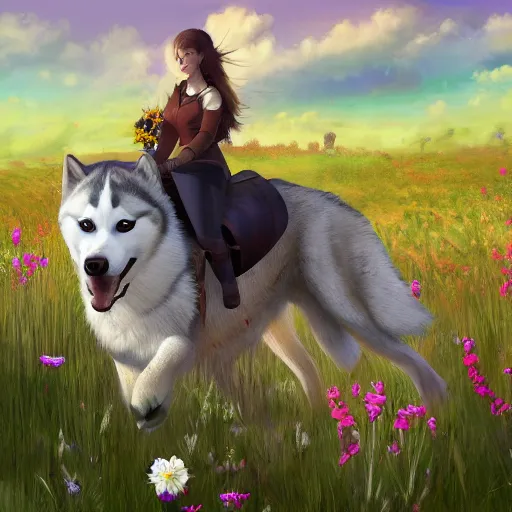 Image similar to girl riding a giant husky in a field of flowers, trending on artstation