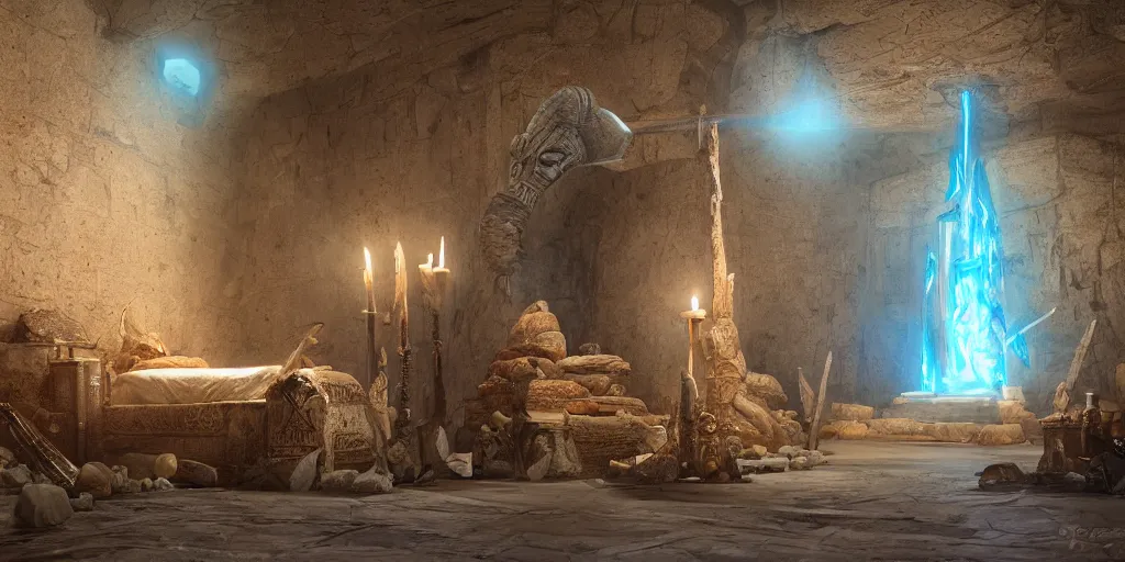 Image similar to fantasy movie scene greg rutkowski digital painting of an ornate and royal egyptian antechamber tomb with a old twisted wooden staff weapon with a blue crystal at it's tip laying on a stone altar, unreal engine, hyper realism, realistic shading, cinematic composition, blender render, octane render, hdr, detailed textures, photorealistic, ultrawide shot, 3 5 mm film