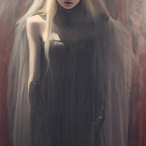 Image similar to a striking oil painting of Elle Fanning , dark, metal, occult, by Edward Hughes